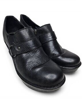 Born Dollie Black Leather Platform Heeled Clog Women Harness Strap Moto Shoes 9